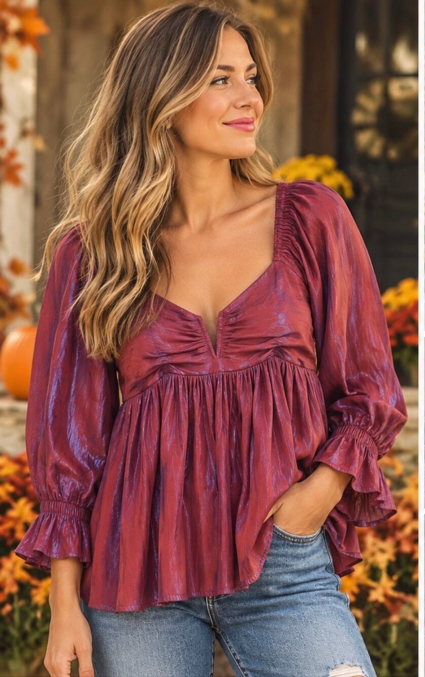 Entro Burgundy Iridescent Babydoll Peplum Blouse Size L